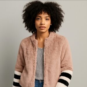 DO+BE Pink Faux Fur Jacket with Black and White Stripes